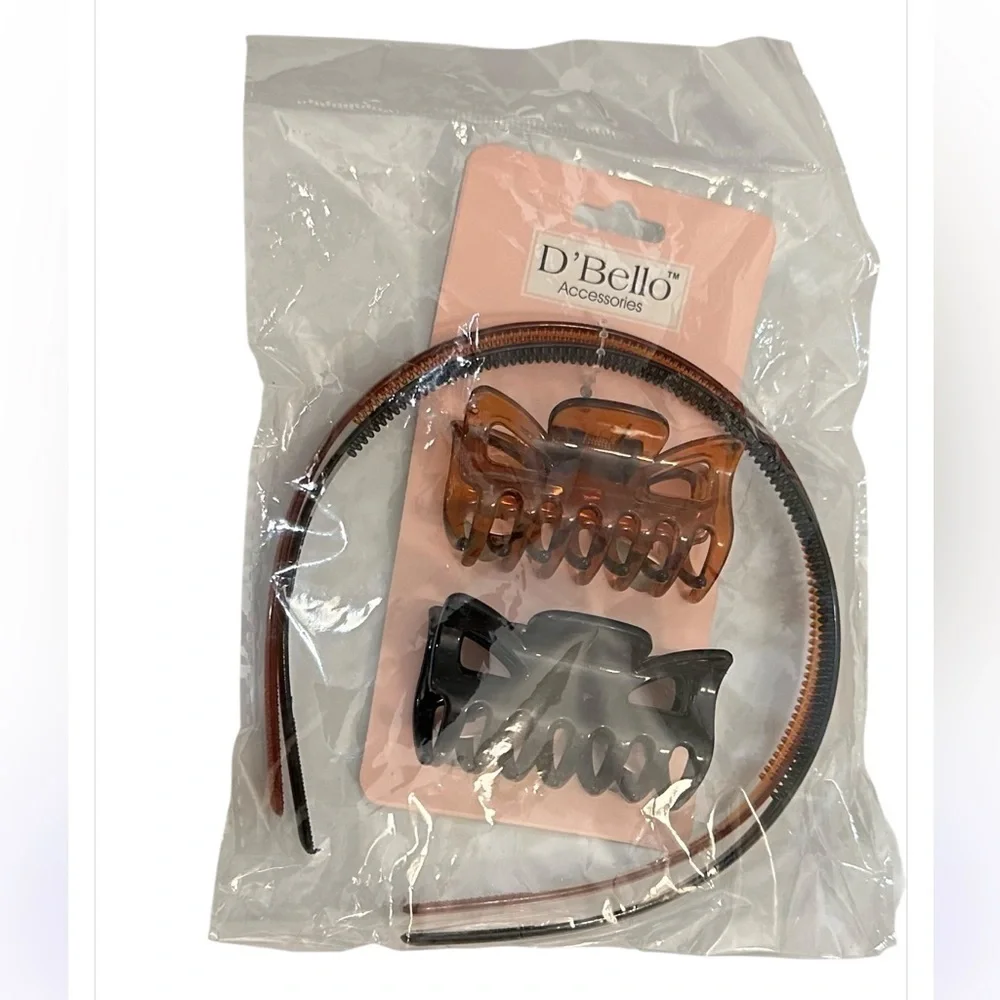NWT D’Bello Hair Accessories Pack / 2 Plastic Headbands and 2 Claw Clips